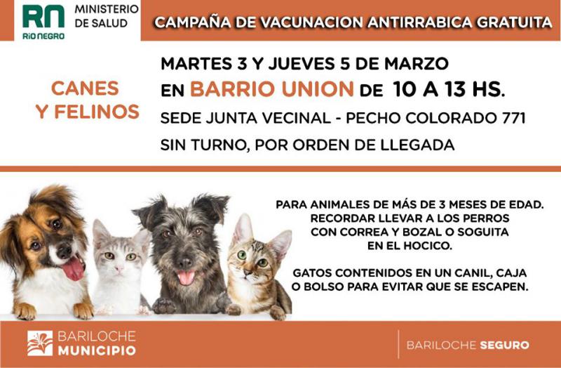 Vacunaci&oacute;n antirr&aacute;bica gratuita en Barrio Uni&oacute;n