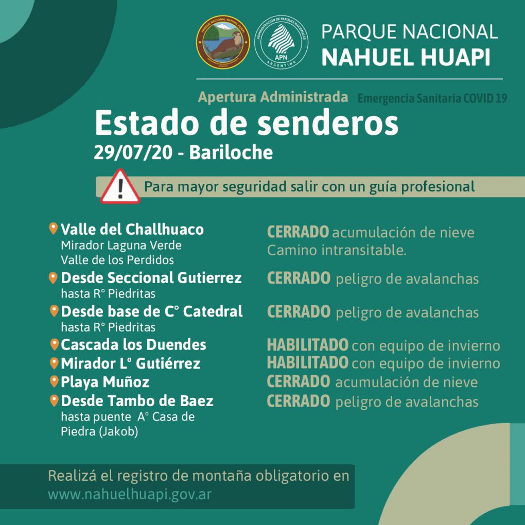 Estado de senderos habilitados en la zona de Bariloche para el mi&eacute;rcoles 29 de julio