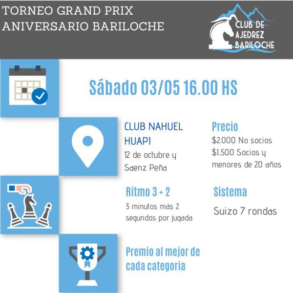 AJEDREZ EL GRAND PRIX ANIVERSARIO DE S.C. DE BARILOCHE SE JUGARÁ EL SÁBADO 3 DE MAYO