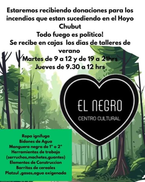 Estaremos recibiendo donaciones para los incendios que estan sucediendo en el Hoyo Chubut