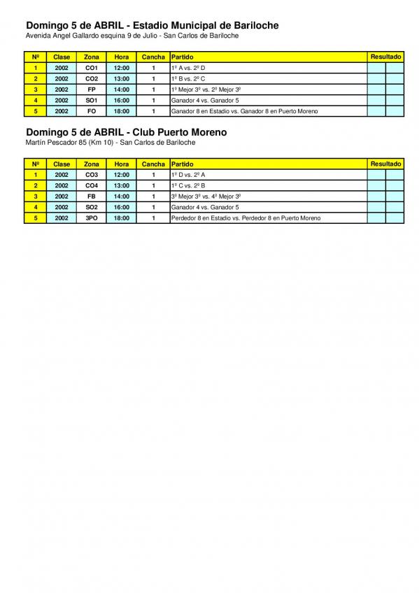 Fixture Bariloche Cup Categor&iacute;a 2002 domingo 5