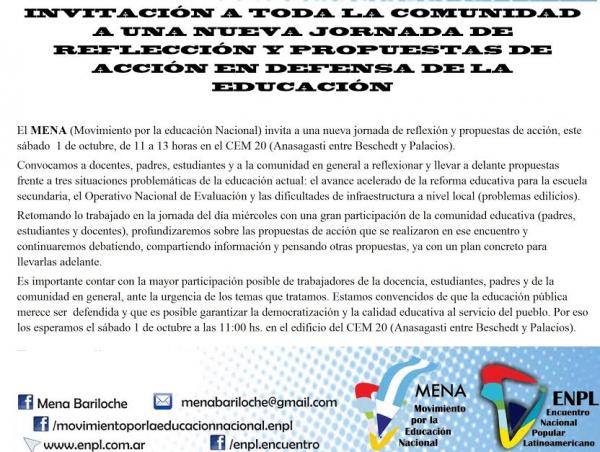 INVITACI&Oacute;N A TODA LA COMUNIDAD A UNA NUEVA JORNADA DE REFLEXI&Oacute;N Y PROPUESTAS EN DEFENSA DE LA EDUCACI&Oacute;N