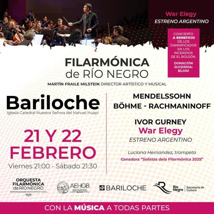 La Filarm&oacute;nica inicia su temporada en Bariloche con un concierto a beneficio de los damnificados por los incendios en El Bols&oacute;n.