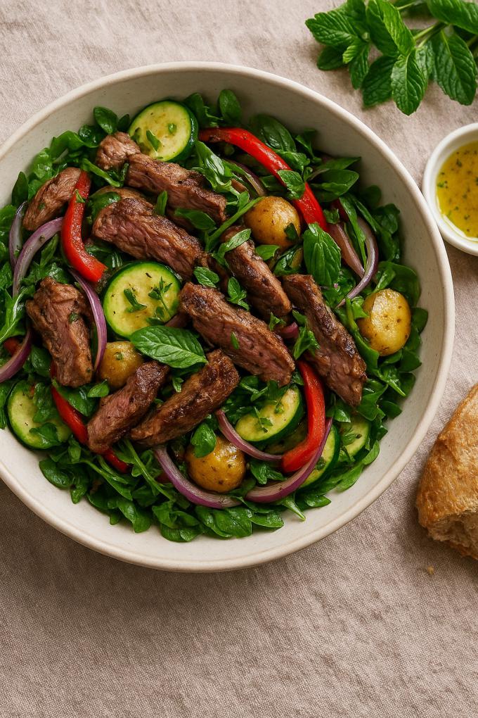 Ensalada tibia de cordero patagónico con hierbas frescas y vegetales de estación