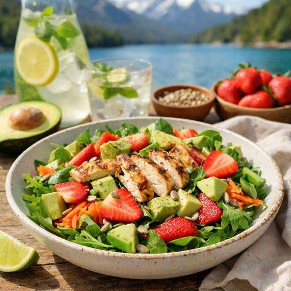 Ensalada fría de pollo grillado, palta y frutillas